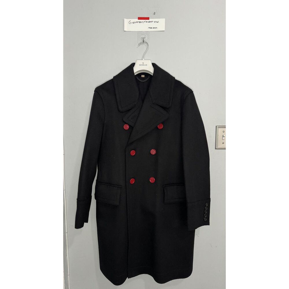 BURBERRY WOOL BLACK / RED BUTTON PEACOAT - SIZE 48